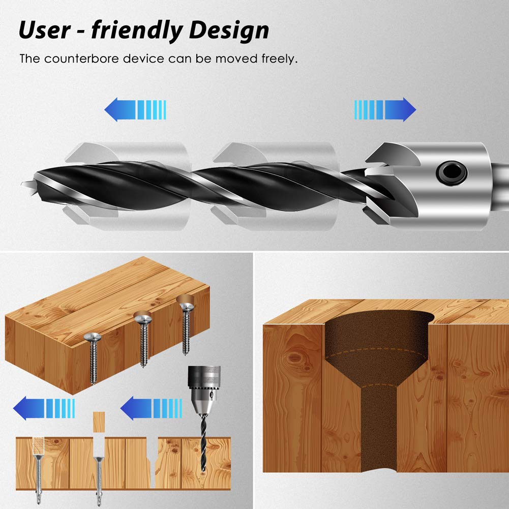7 PCS 3-10mm Drill Bit Set with One Hex Key High-Speed Steel Drill Adjustable Carpentry Reamer Plated for Wood DIY Countersink Drill Bit
