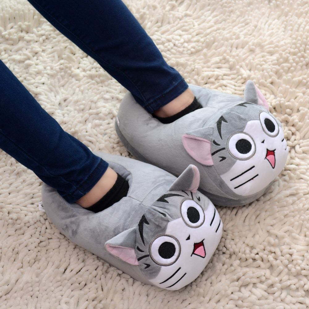 Cool Soft Gray Sweety Chi\'s Cat Plush Women Girls Large Cartoon mocasines hombre Shoes Slippers Mocassim Loafers pantufa 11*5\'\'