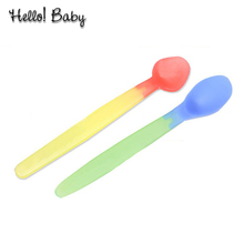 2 pcs/lot Hot Heat Temperature Sensing Spoon Flatware Weaning silicon Feeding baby spoon