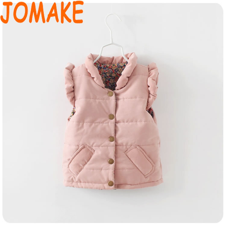 Retail Autumn And Winter Korean Solid Single Breasted Thicken Cotton Ruffle Collar Children Clothes Girls Casual