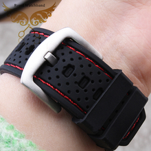 24mm New Mens Black Red Stitched Waterproof Diving Silicone Rubber Watch band Strap