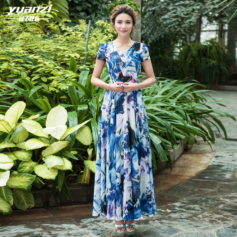 The garden beautiful clothes 2016 new spring and summer dress slim lady Chiffon floral large swing  female 577
