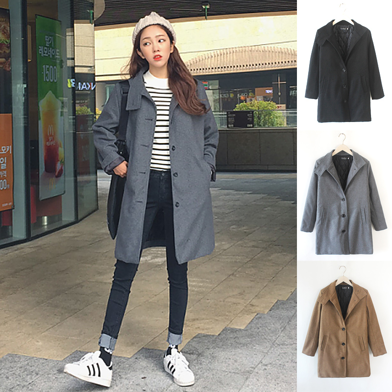 2015 New Winter Preppy Style Vintage Women Wool Blends Long Coat Loose Woolen Cloth Coats Outerwear Gray Black Brown 7868