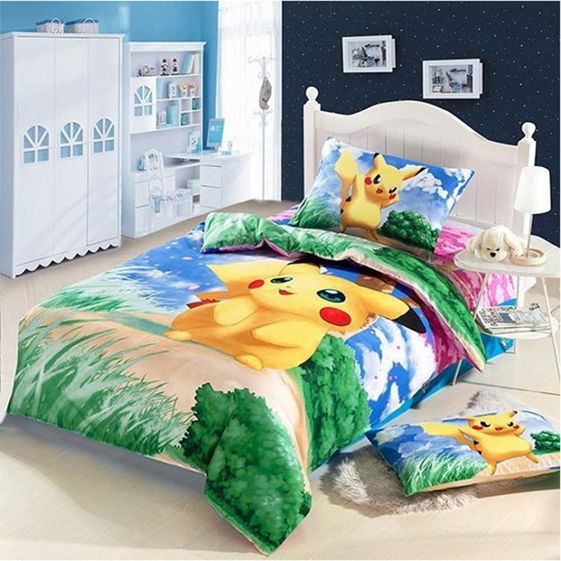 Pokemon Cartoon Bedding Set Kids Pikachu Duvet Cover Set Bedsheet Pillowcase 3pc Bed Linen Twin Full Size