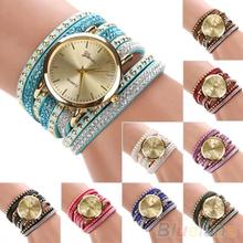 Mujeres de ginebra Faux Suede remaches Rhinestone multi capa pulsera del abrigo del reloj análogo 1QBA 2VX3
