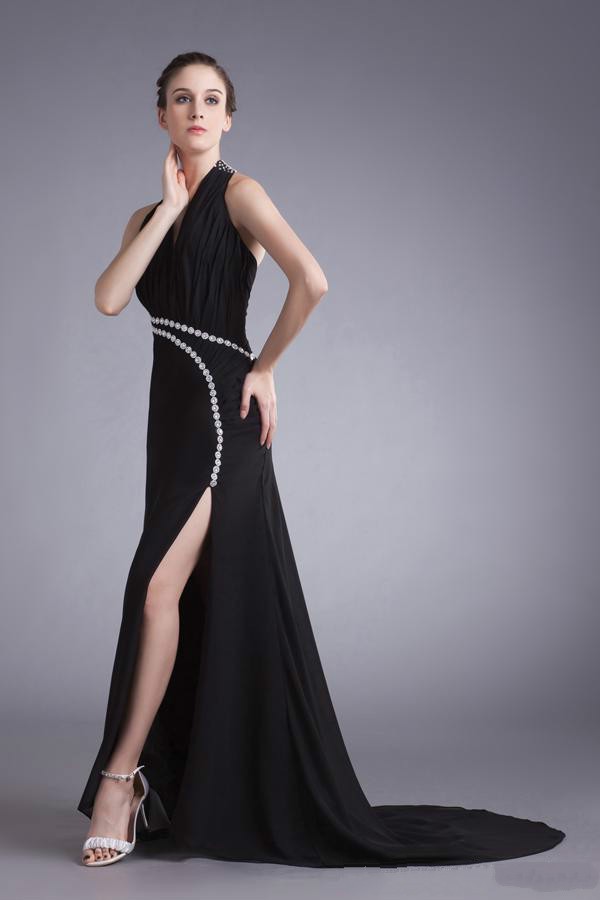 17 Elegant black chiffon v-neck sequins prom evening dresses 2014 side slit long length (3)_meitu_81