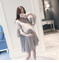 2016 Summer Style Maternity Dress Short Sleeve V neck Fashion Chiffon Elegant Aline Pleated Dress Pregnancy Women Dress