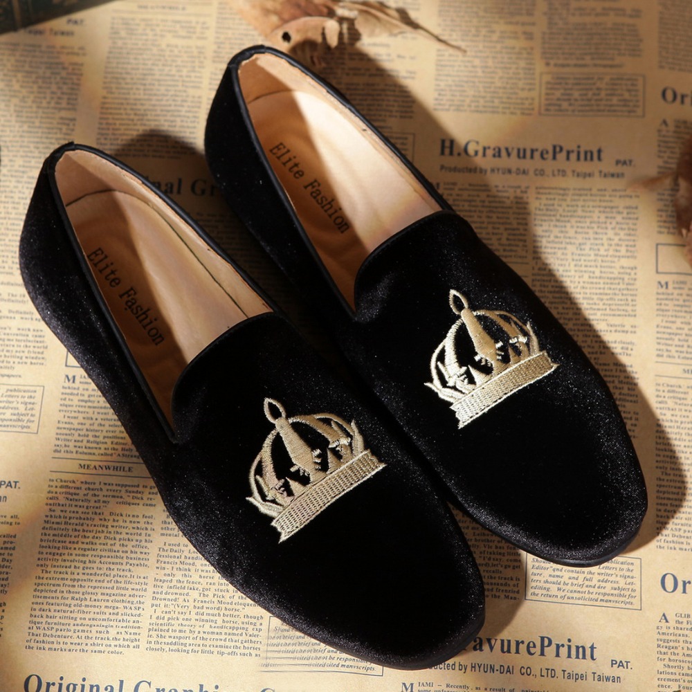 Motif Velvet Loafers Slippers Men Crown Embroidered Shoes 8-12 Free Shipping