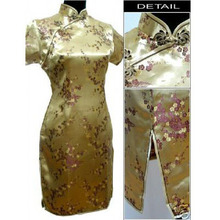 Free Shipping Gold Chinese Women’s Satin Qipao Mini Cheong-sam Dress Flower S M L XL XXL XXXL 4XL 5XL 6XL J4030