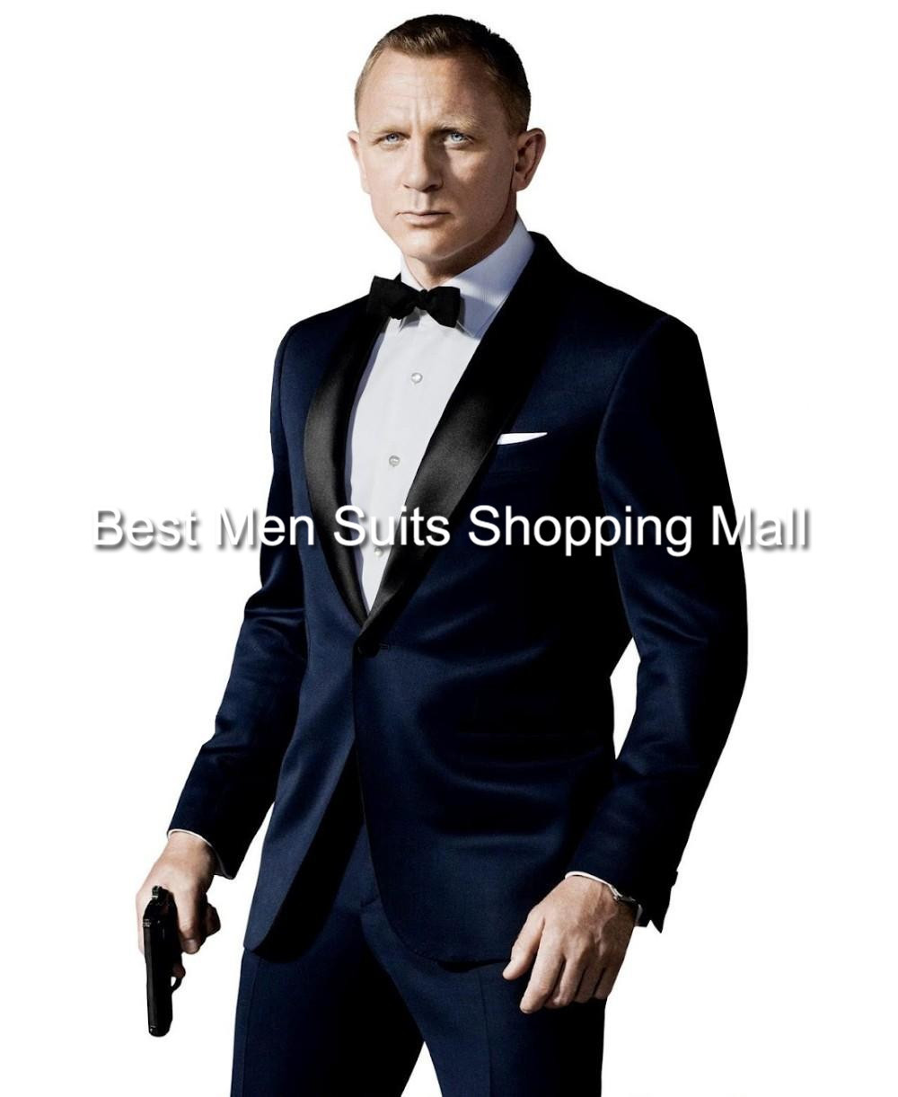 Custom Made Dark Blue Tuxedo Inspired By Suit Worn In James Bond Wedding Suit For Men Groom Jacket Pants Bow black z711
