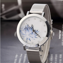 Ginebra moda mujer elegante cristal flor de loto del reloj relojes de señora astilla de acero relojes del cuarzo de Montre Femme reloj femenino