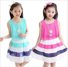 2015 new summer 4-15 age girls casual striped high quality chiffon princess dress child cute vestidos kids hot sale clothes