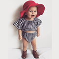 2016 NEW spring grid clothes baby clothes to the cowboy 2 PC suit triangle pants BABY