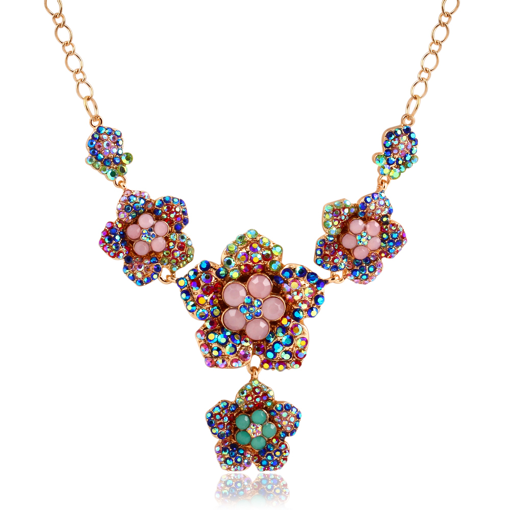 Fine Jewelry Fashion Flower Color Crystal Necklace Geometric Hollow out Design Link Chain Zircon Pendant Necklaces