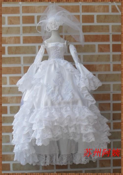 Bjd wedding sd formal dress 4 train multi-layer laciness lace white noble handmade beaded sleeves