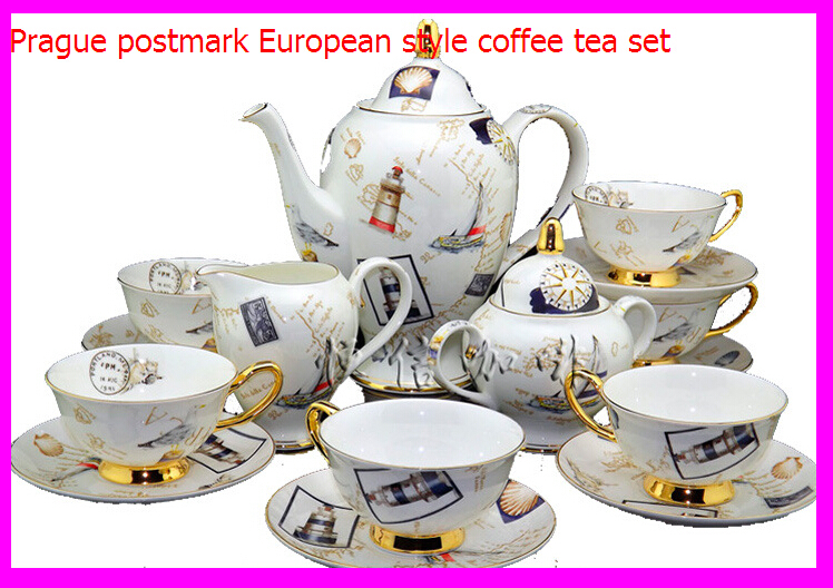 coffee tea sets Bone China material with Prague postmark European style drinkware 15pcs Coffee cup and