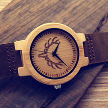 New Engraved Wolf Head Handmade Wooden Wristwatch Fine Jewelry Quartz Watches Men with Leather Strap in Gift Box