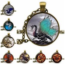 Antique Bronze Glass Cabochon Pendant Chain Big Dragon with Wings Chock Necklace Art Picture Women Fashion Jewelry Accessories