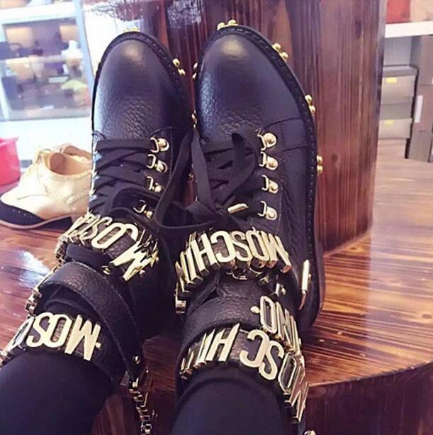 Botte Femme marque italienne mode lettres dor bretelles en cuir bottes militaire ceintures chaussons