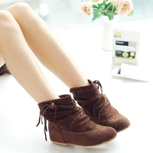2016 New Fashion Women Braided Tassel Flat Comfortable Suede Leather Boots Round Toe Casual Boots Big
