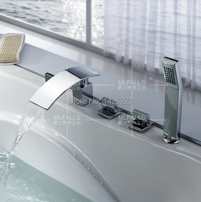 Deck Mounted Square Waterfall Spout Bathroom Bathtub Faucet Widespread Tub Filler Chrome Finished