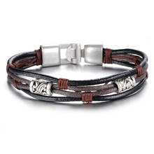 Fashion Multi-Layer Genuine Leather Man Bracelets Casual/Sporty Easy Alloy Hook Link Chain Men Jewelry Cheap Price PHK855