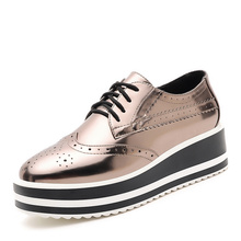Women Platform Brogue Oxfords Vintage Genuine Leather Lace-up Leisure Business Women’s Footwear Black Silver Round Toe Flat shoe