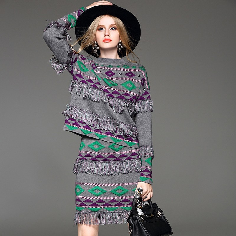 Brand Runway Skirt Set 2015 Fall Winter Women\'s Fashion Long Sleeve Geometric Print Tassel Pullover Sweater and Skirts Suit Set