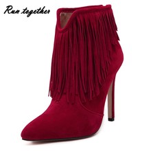 Free shipping New fashion tassel women pointed toe high heels boots winter wedding party short boots shoes women size 35-40