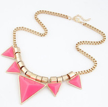 2015 Fashion Bohemia Style Womens Unique Jewelry Gold Metal Triangle Gems Bib Necklace & Pendants Chain Fast Shipping