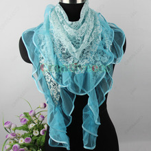 New Fashion Gorgeous Burnt out Shiny Metallic Vine Pattern Ruffle Lace Stitching Triangle Scarf Shawl Wrap