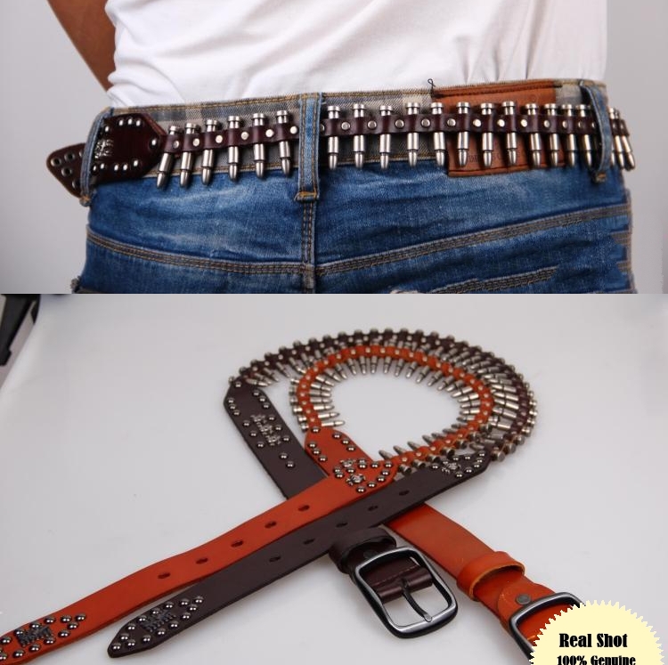 Genuine Leather Belt Men Rivet Bullet Belts For Men Punk Rock Belt Army