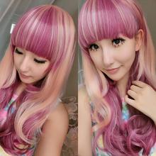 65 см Harajuku длинные вьющиеся лолита парик аниме косплей синтетические волосы фиолетовый и бежевый ломбер парики с челкой регулируемый ремень Peruca