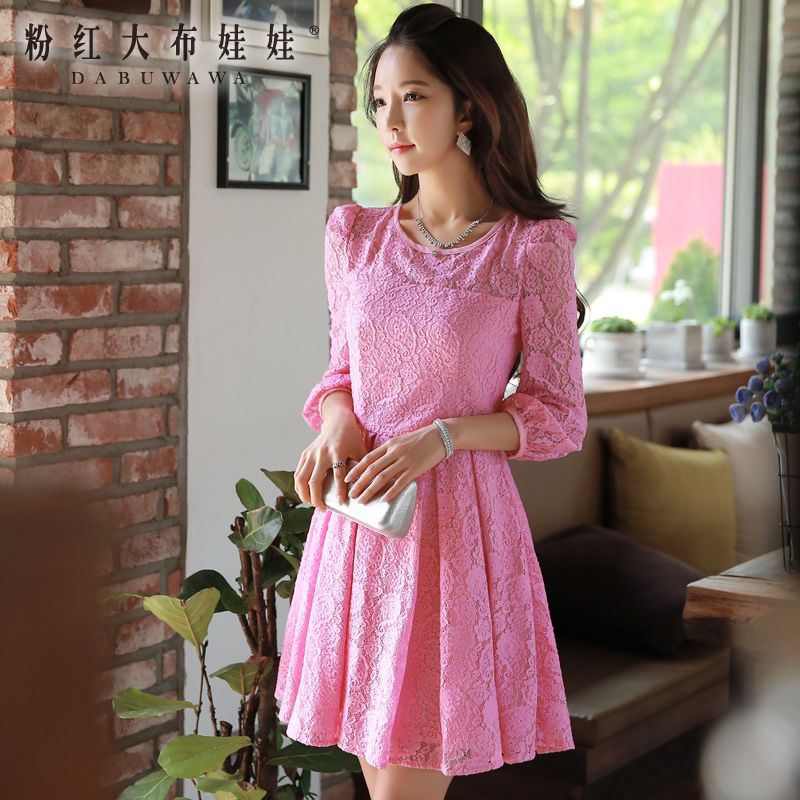 Autumn dress pink doll 2015 new pink lace slim waist dress pleated