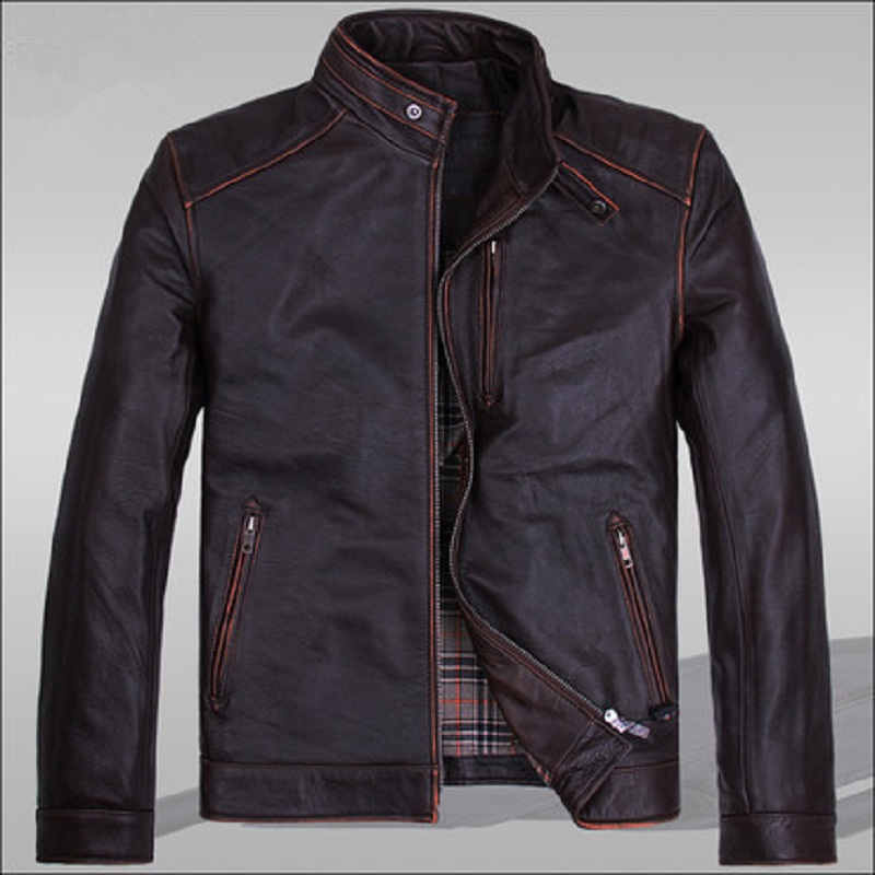 Leather Jacket Men 2015 Spring  Autumn  Winter Black Brown Casual Full Short Mandarin Collar Genuine Leather Fashion ManJSH029