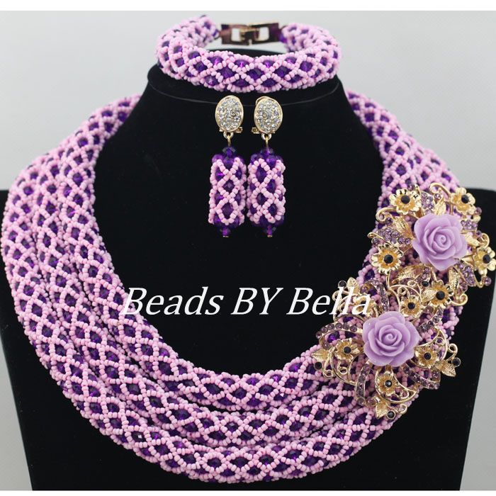 New Purple Nigerian Beads Necklace Bridal Jewelry Sets Crystal Pink Seed Beads African Wedding Jewelry Set Free Shipping ABF164