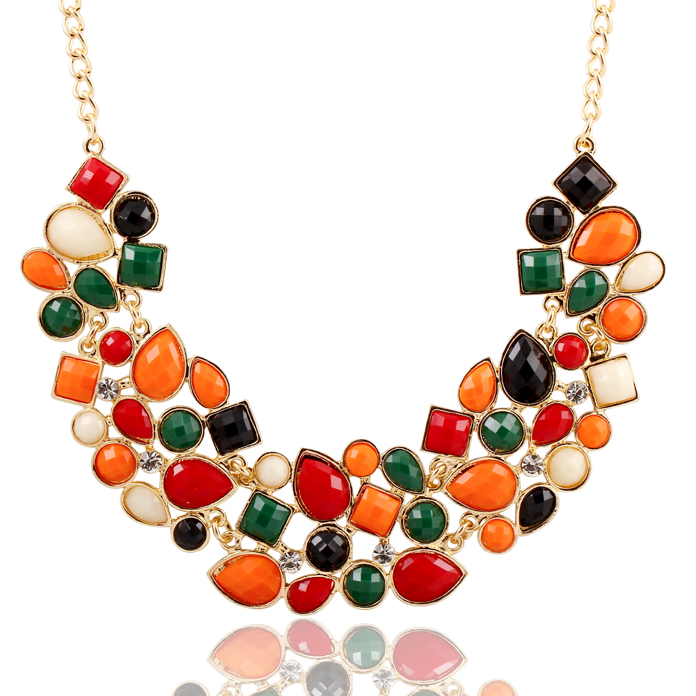 Free shipping Fashion Colorful Charm gem metal chain collar necklace statement jewelry for women 2014 Wholesale