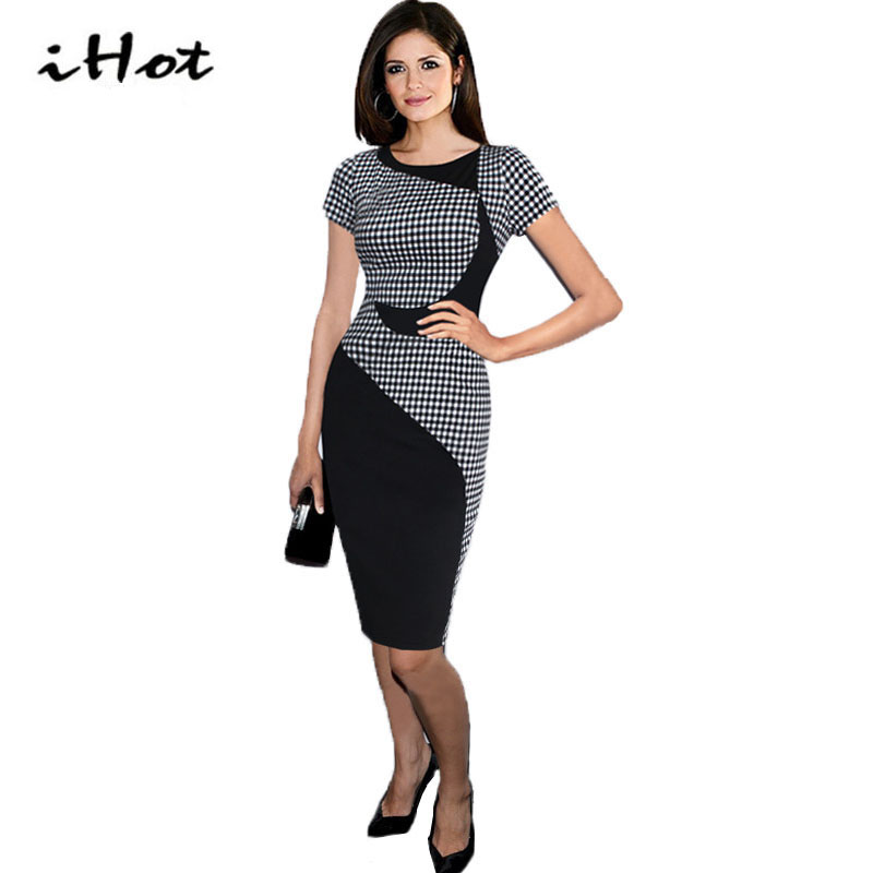 IHOT Summer women elegant movie stars font b tartan b font short sleeve tunic cotton stretch