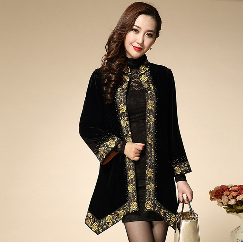 Women Coat 2015 New Autumn Winter Fashion Plus Size 5XL Luxury Gold Line Full Sleeve Covered Button Slim Embroidery Coat