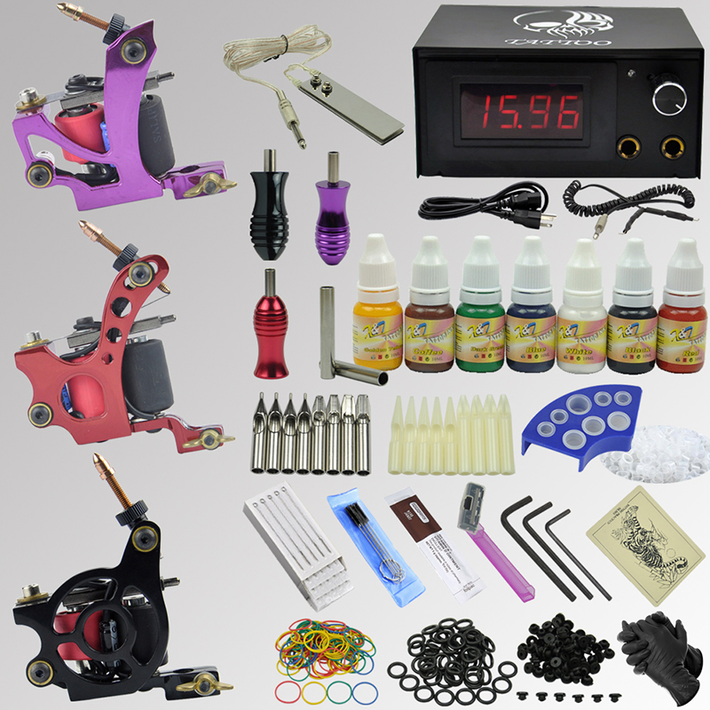 OPHIR 3 Machines Professional Tattoo Guns Kit Equiment Ink Power Supply Set_TA078