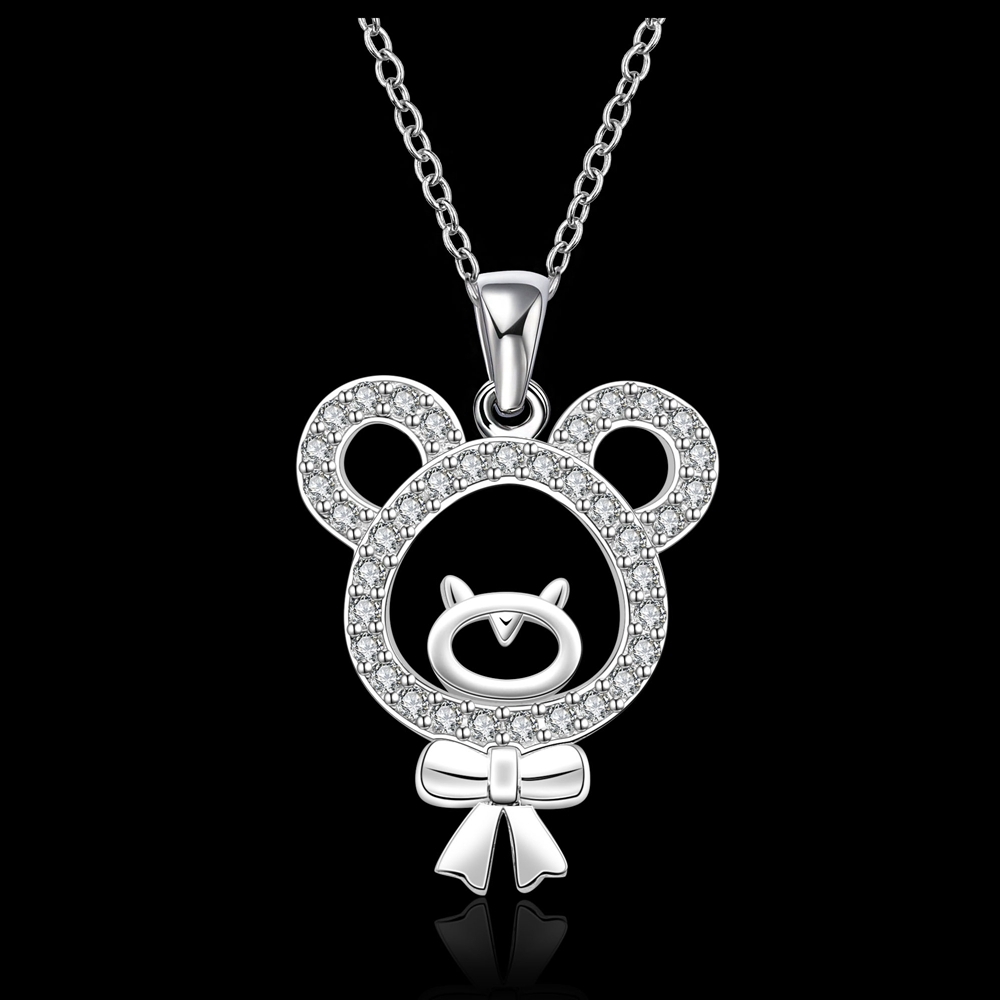 Fresh design bear cute pendant necklace sterling 925 silver necklace inlaid stones crystal jewlery promotion price