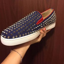 Free Shipping Genuine Leather Silver Rivets Spikes Bussiness Casual Loafers Brand New Red Bottom Men Women Boat Shoes Flat