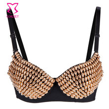 Gold Skull Studded Bra Push Up Steampunk Underwear Women Clubwear Dance Bras Sexy Bralette Brassiere Top Gothic Lingerie