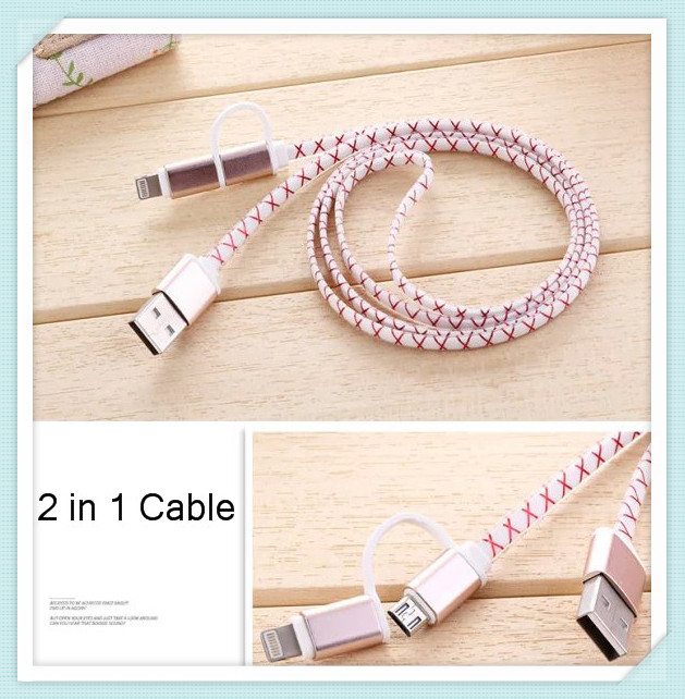 High quality2.0 A Metal Micro usb + 8pin USB 2 in 1 Sync Data Charger Cable for iPhone 5s 6 plus ipad(ios 8) For Samsung HTC