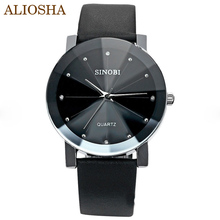 Aliosha SINOBI reloj de cuarzo negro aleación de correa de cuero banda cómodos marca reloj de calidad superior Casual reloj de pulsera analógico