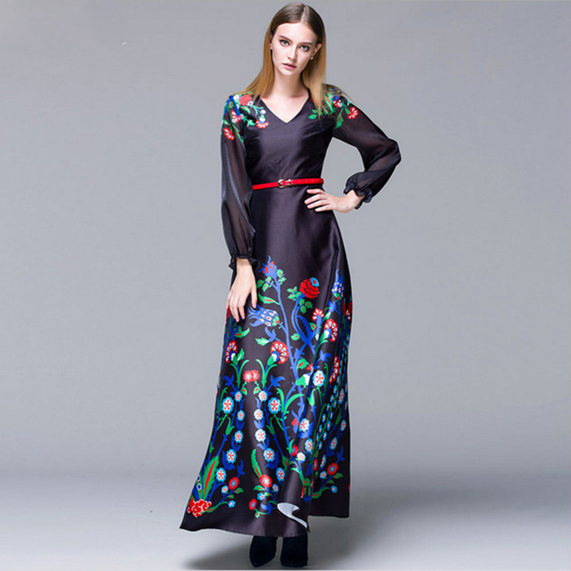Vintage Dress 2015 Fashion Autumn Brand Dress Full Sleeve Sexy V-Neck Sashes Elegant Black Ankle-Length Dress