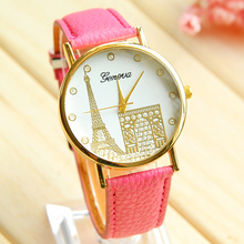 2015 del verano nuevas mujeres de moda de alta calidad de cuero del cuarzo impresión Simple reloj torre envío gratis