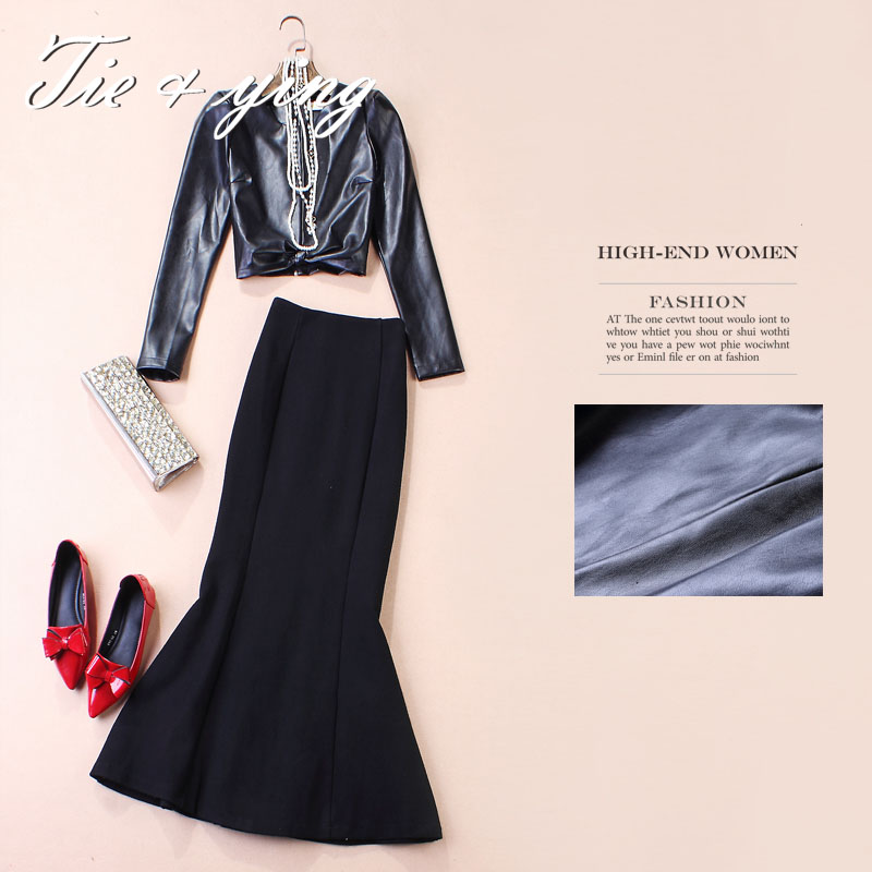 2015 winter women set American and European fashion runway luxury brand black long sleeve coat +  long Mermaid skirt lady suit