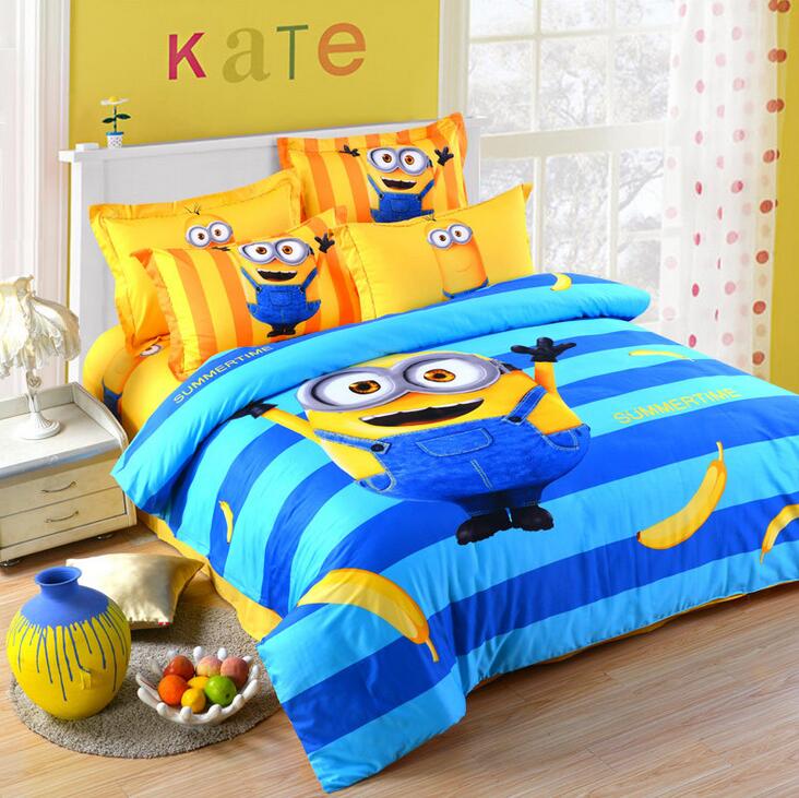 3/4Pcs Kids Students Cartoon Despicable Me Minions Bedding Set Duvet Covet Flat Bed Sheet Bedspread Full Queen King Size