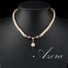 AZORA Fashion Imitation Pearl Love 18K Rose Gold Plated Stellux Austrian Crystal Jewelry Necklace TN0097